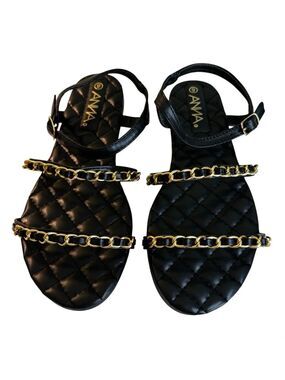 Anna Black Quilted Sandals with Gold Tone Chain-link Straps in Ladies Size 9